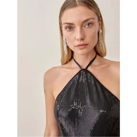 Reformation Small Sidney Black Sequin Halter Mini Dress - Picture 3 of 13
